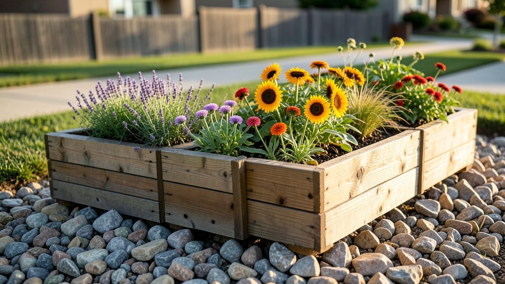 Raised Planter Boxes Filled With Seasonal Flowers