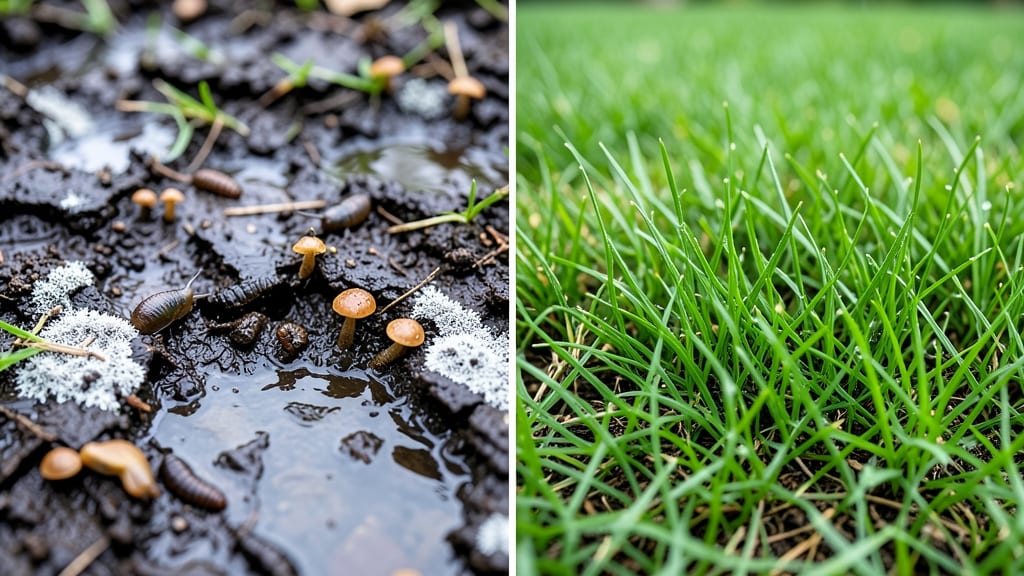 What Does an Overwatered Lawn Look Like?: Yellowing Grass With Soggy Soil and Mushroom Spikes
